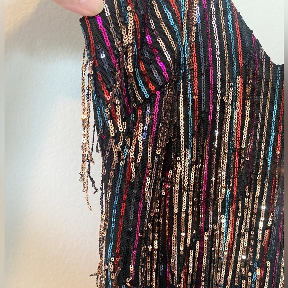 DRESS THE POPULATION Yvonne Rainbow Sequin Fringe Midi Dress Sz Medium - Picture 6 of 12